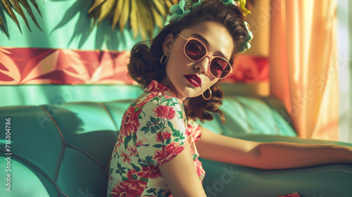 Young woman portrait 1960s-inspired with bold patterns and bright colors , sixties retro revival female fashion photo shoot photo