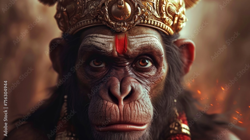 Fototapeta premium A picture of a monkey wearing a crown. Can be used to depict royalty, humor, or animal kingdom themes