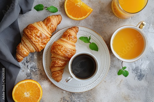 A plate of freshly baked croissants accompanied by a refreshing cup of orange juice. Perfect for a delicious and energizing breakfast. Ideal for food and beverage concepts