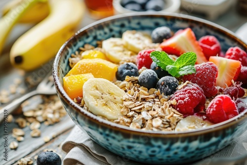 A bowl of oatmeal topped with a variety of fresh fruits and nuts. Perfect for a healthy breakfast or brunch option