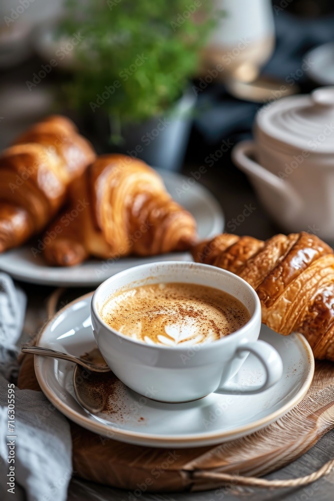A cup of coffee and some croissants placed on a table. Perfect for breakfast or a cozy cafe setting