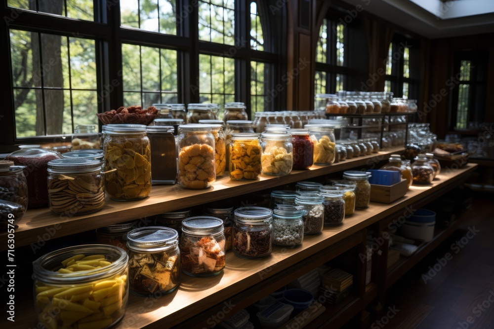 Walk-in pantry showcasing an array of snacks and dry goods, Generative AI Walk-in pantry showcasing an array of snacks and dry goods, Generative AI