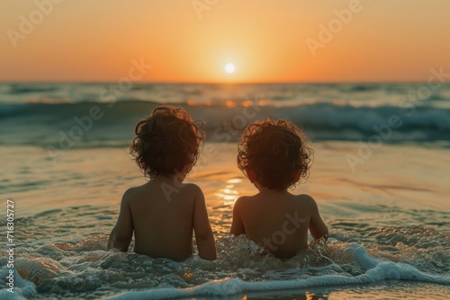 Two small children sitting in the water at the beach. Can be used to depict a fun family day at the beach or children enjoying summer activities