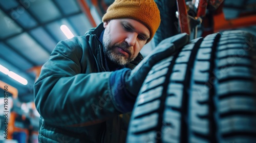 A man is seen working on a tire in a garage. This image can be used to depict automotive repairs or maintenance.