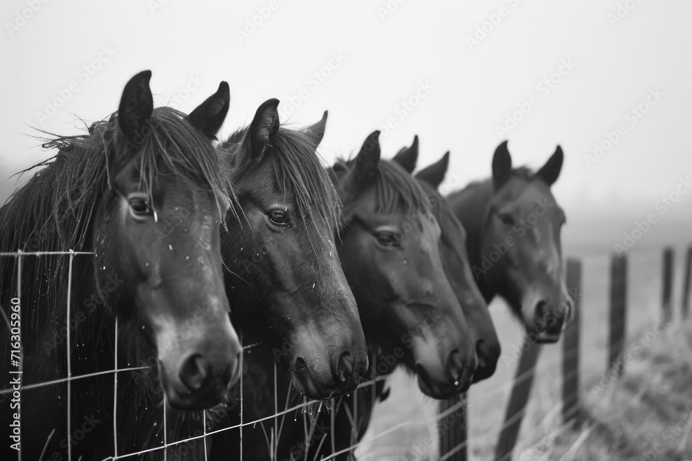 A group of horses standing next to a fence. Suitable for equestrian themes and farm-related designs A group of horses standing next to a fence. Suitable for equestrian themes and farm-related designs