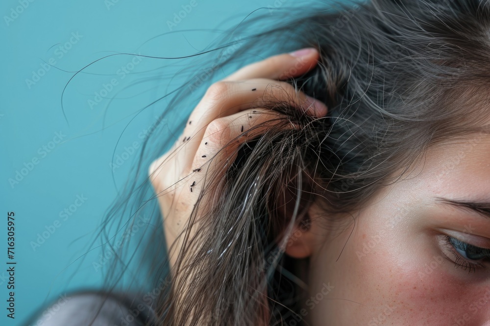Obraz premium A woman with long hair holding her head in her hands. This image can be used to depict stress, frustration, or overwhelm