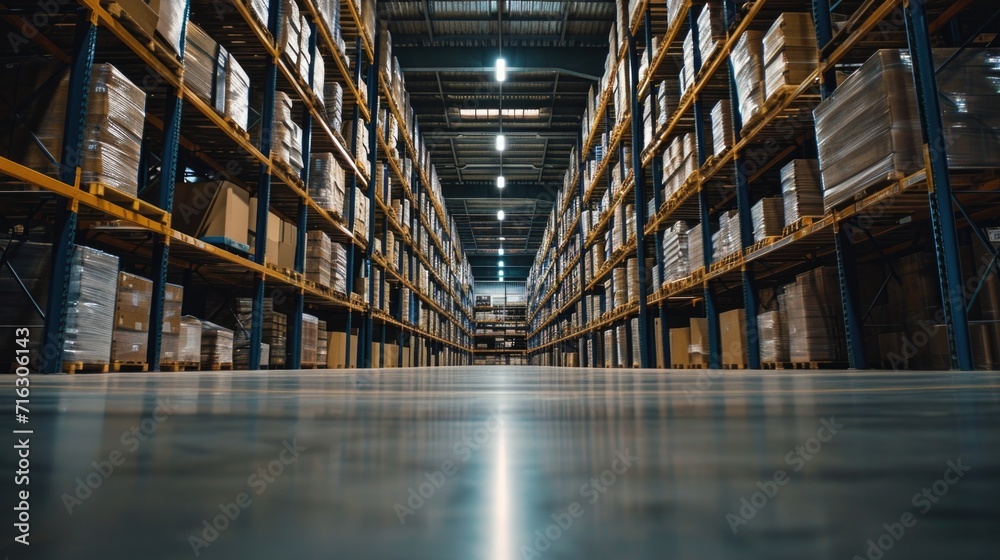 A large warehouse filled with numerous boxes. Ideal for illustrating storage, logistics, or inventory management concepts
