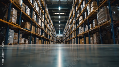 A large warehouse filled with numerous boxes. Ideal for illustrating storage, logistics, or inventory management concepts photo