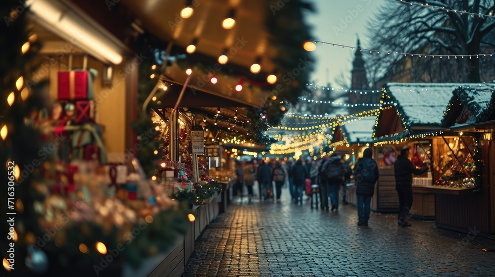 A group of individuals walking down a street adorned with beautiful Christmas lights. Perfect for capturing the festive spirit and holiday cheer.