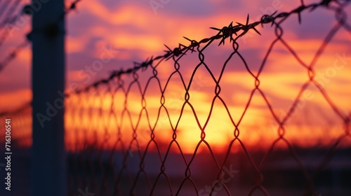 A close-up view of a fence with a beautiful sunset in the background. This image can be used to depict tranquility, nature, or the end of a peaceful day