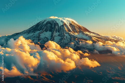 A picture of a mountain covered in snow with clouds in the sky. This image can be used to depict a serene winter landscape