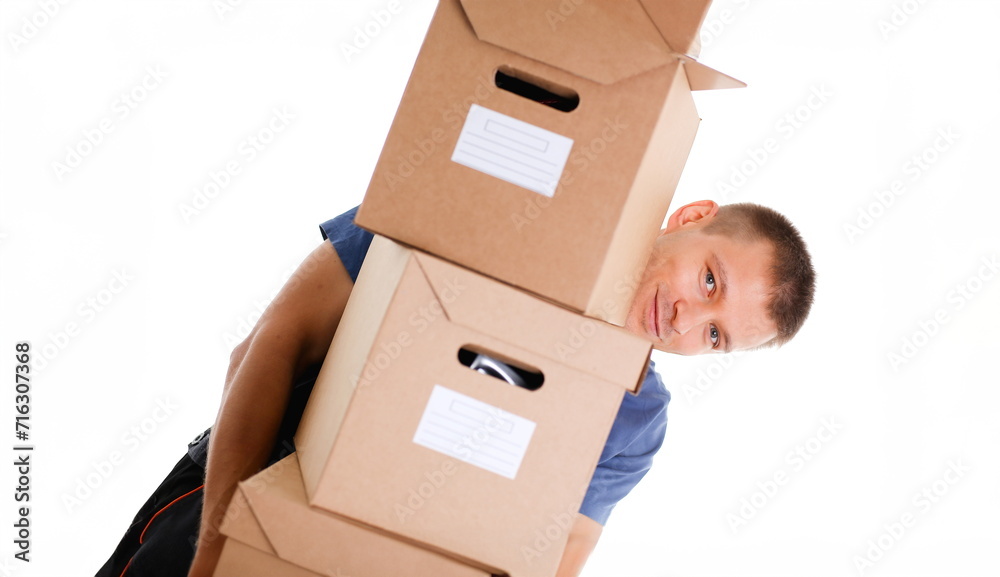 Specialist courier delivery service carries boxes with parcels things of customers working as a loader delivers everything to the specified addresses, ready to fulfill any order at a specified time Specialist courier delivery service carries boxes with parcels things of customers working as a loader delivers everything to the specified addresses, ready to fulfill any order at a specified time