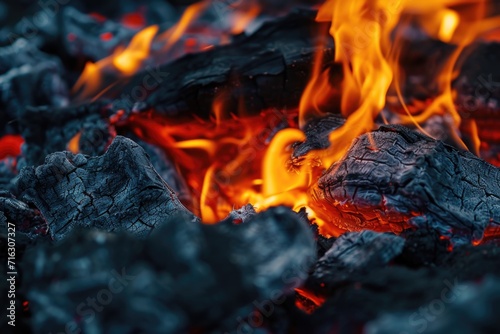 A close-up view of a pile of coal with flames. This image can be used to depict energy production, pollution, or industrial processes