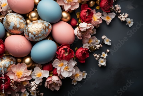 Elegant Easter Composition with Golden Eggs and Spring Flowers