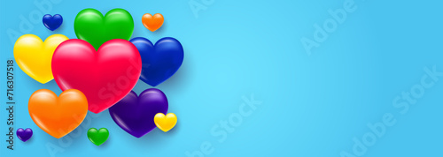 Background with heart. Multi-colored volumetric hearts in the colors of the LGBT pride rainbow. Texture for banner and postcard.