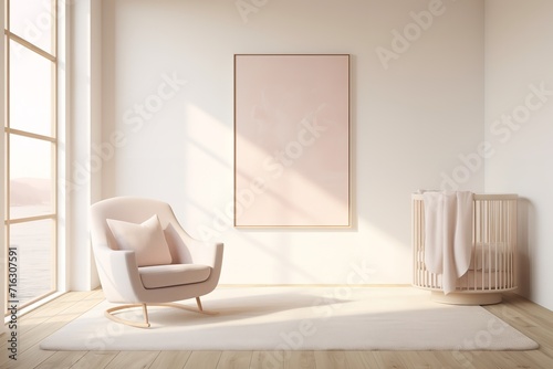 Minimalistic living room with a white armchair, a pink painting, and a wooden floor. The room is filled with natural light from a large window.