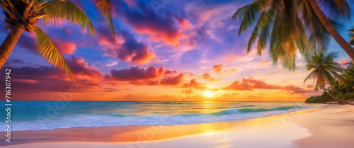 Sunset Serenity: HD Wallpapers of Crystal Clear Beach, Colorful Dream Sky, Universe Beyond, High Contrast, Saturated Colors, Palm Trees in Breeze, Dreamy Destination, Seascape Paradise. © ImagineInfinite