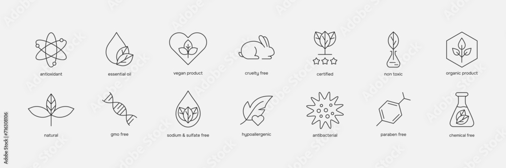 Organic cosmetics line icon set. Hypoallergenic, GMO free, Eco friendly cruelty free, natural, vegan signs. Badges for beauty product. Vector illustration - obrazy, fototapety, plakaty 