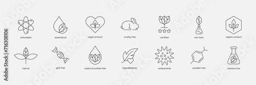 Organic cosmetics line icon set. Hypoallergenic, GMO free, Eco friendly cruelty free, natural, vegan signs. Badges for beauty product. Vector illustration photo