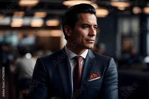 In a bustling co-working space, a distinguished businessman stands tall and poised, his sharp suit and slicked-back hair a symbol of his experience and expertise. photo