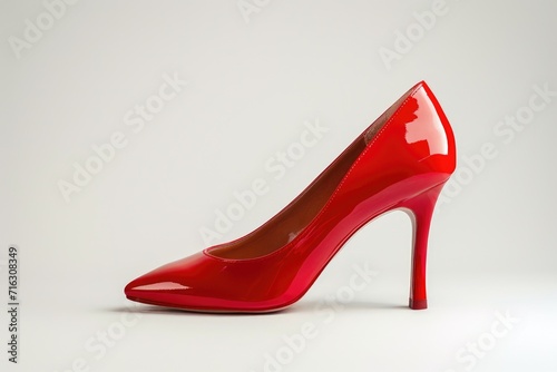 A vibrant red high heeled shoe placed on a clean white surface. Ideal for fashion and lifestyle concepts