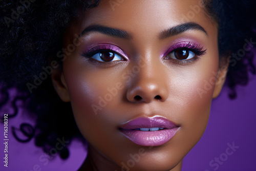 Close up of face of beautiful black woman with purple lipstick and eye shadow makeup