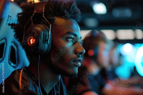 A man sitting in front of a computer wearing headphones