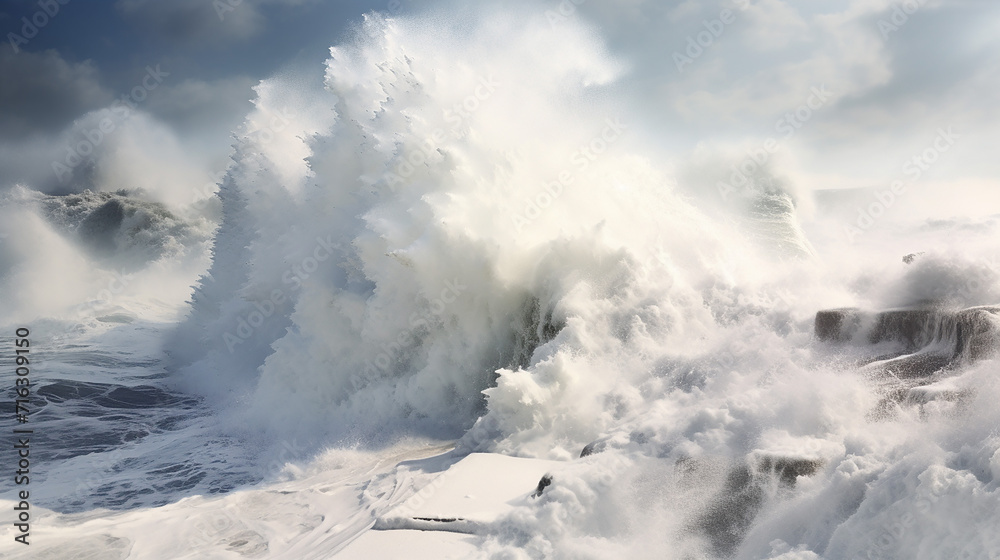 Blizzard and Angry Frozen Waves. A blizzard causing storm in winter