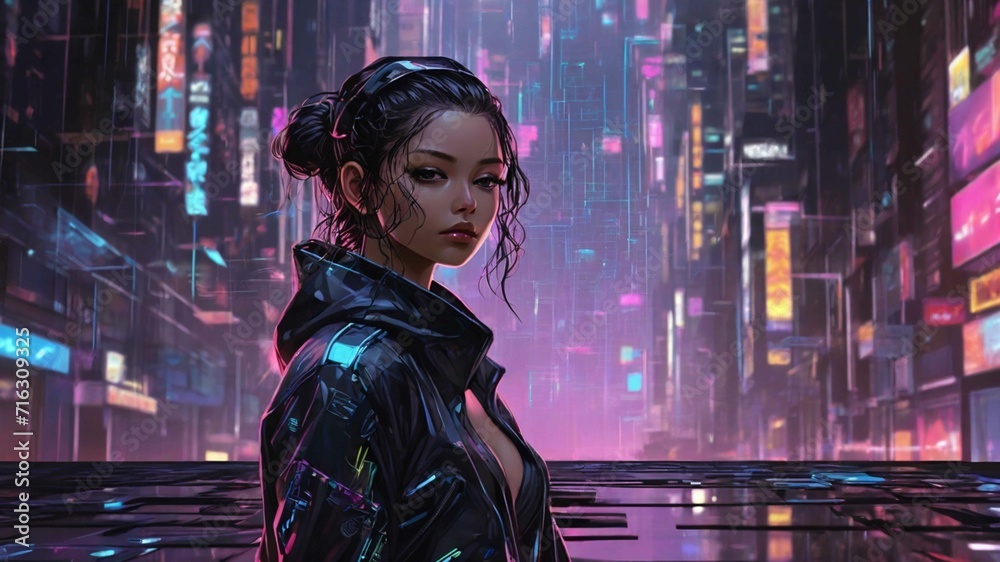 portrait of a woman in the night modern city hi tech pink and purple city lights
