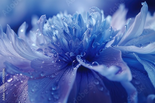 A close-up view of a blue flower with water droplets. This image can be used to add a refreshing and natural touch to various projects