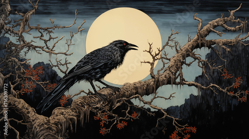 Japanese Okiyo-e wood block print of a raven on a gnarly branch silhouetted by the moon