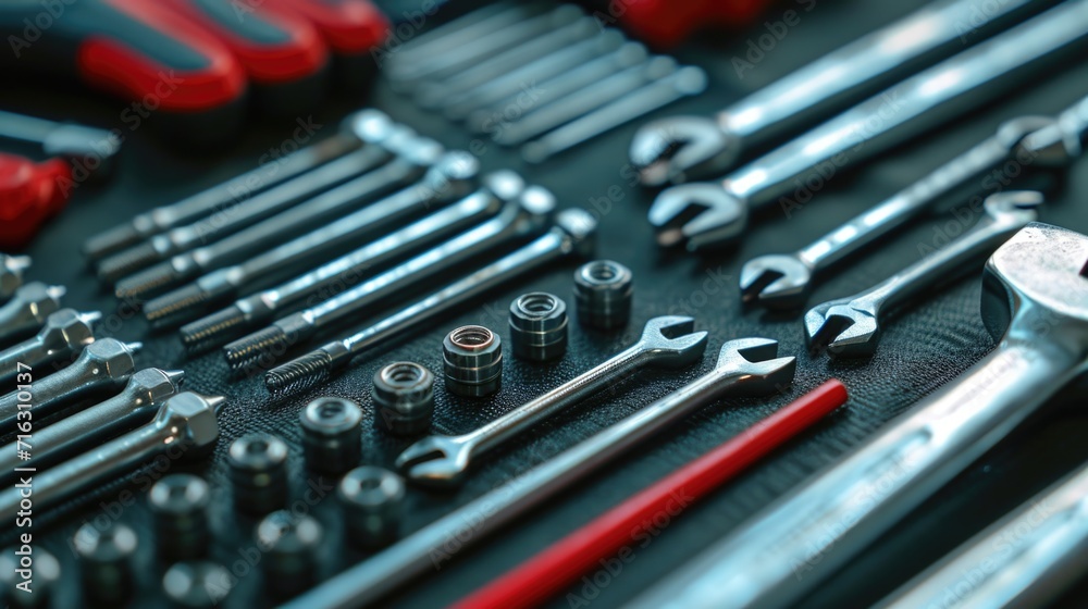 A collection of various tools arranged neatly on a table. Ideal for DIY projects and home improvement themes A collection of various tools arranged neatly on a table. Ideal for DIY projects and home improvement themes