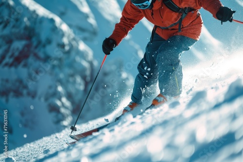 A man enjoying the thrill of skiing down a snow covered slope. Perfect for winter sports enthusiasts or travel brochures featuring winter destinations