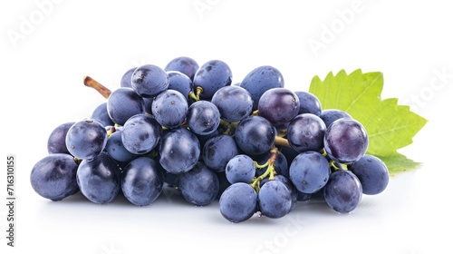 A bunch of grapes with leaves on a white surface. Suitable for use in food and beverage related designs
