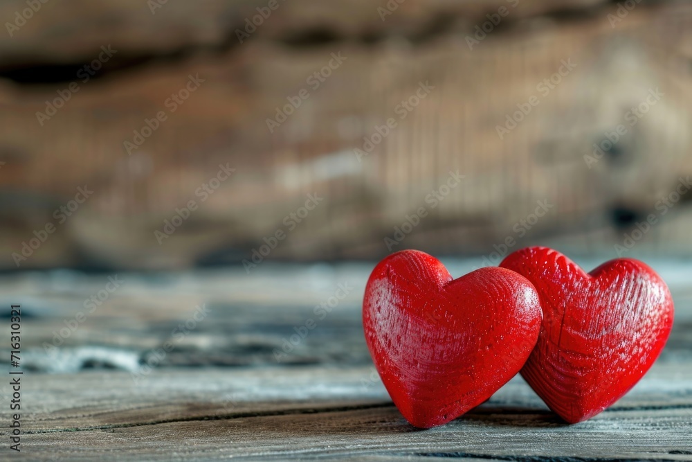 Fototapeta premium Two red hearts placed on a wooden table. Perfect for Valentine's Day or romantic themes