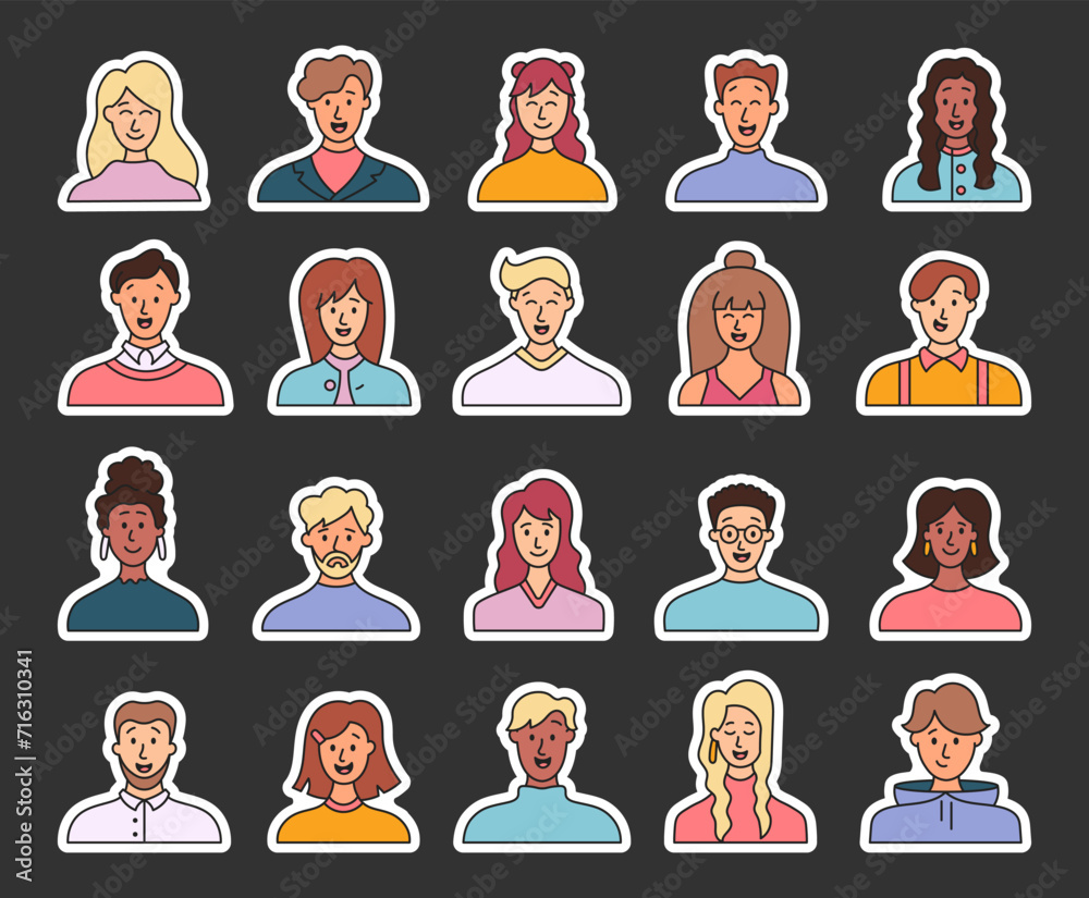 People avatars. Sticker Bookmark. Multiethnic human portraits. User profiles. Hand drawn style. Vector drawing. Collection of design elements. People avatars. Sticker Bookmark. Multiethnic human portraits. User profiles. Hand drawn style. Vector drawing. Collection of design elements.