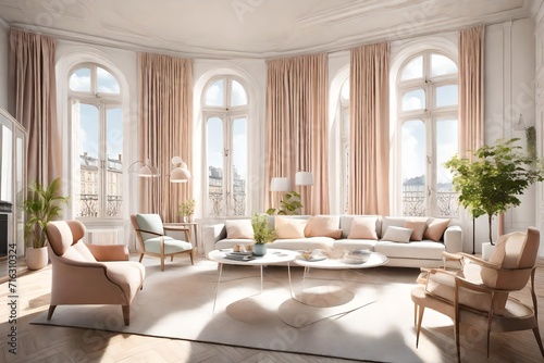  sunlit living room in a European apartment, adorned with elegant furniture, large windows, and soft, pastel-colored accents  © Artistic_Creation