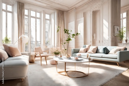  sunlit living room in a European apartment  adorned with elegant furniture  large windows  and soft  pastel-colored accents 