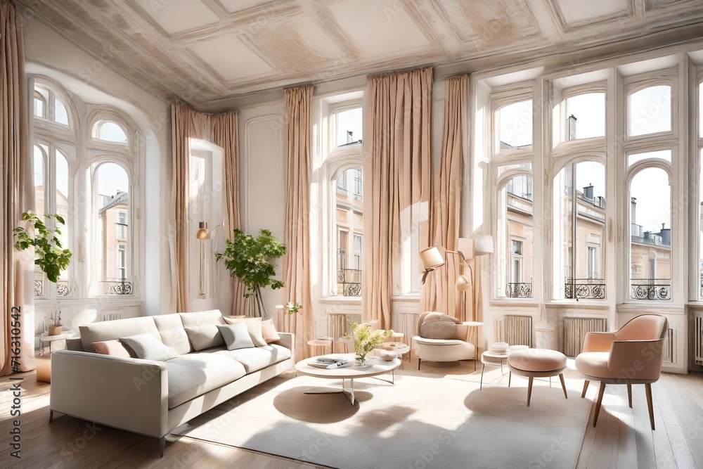  sunlit living room in a European apartment, adorned with elegant furniture, large windows, and soft, pastel-colored accents 