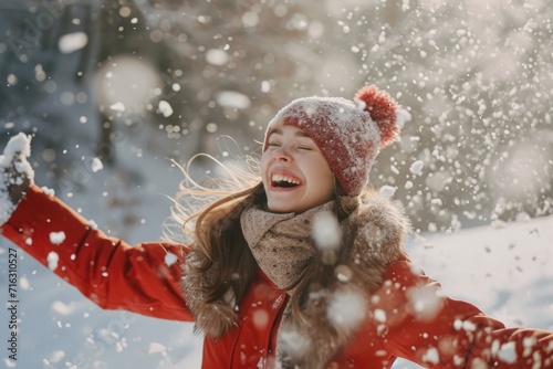 A woman in a red jacket and hat enjoying the snow. Perfect for winter activities and outdoor fun