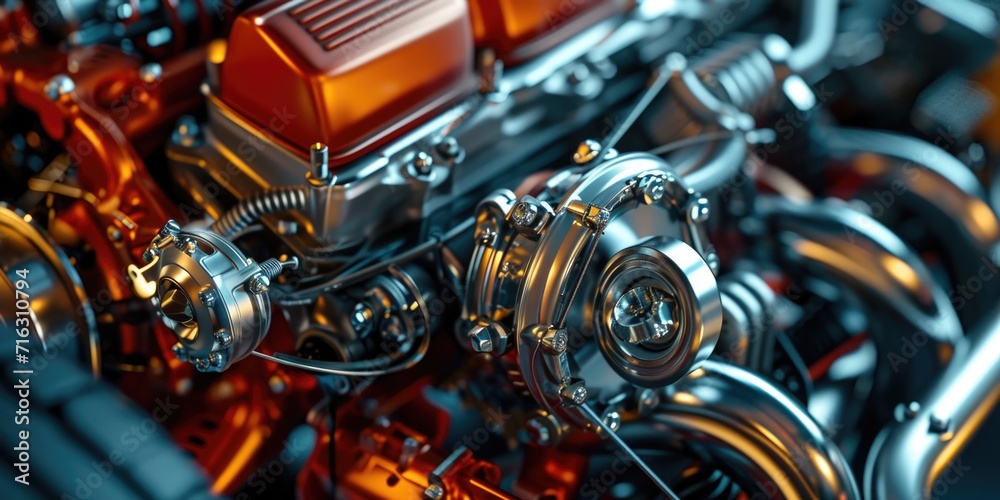 A detailed view of the engine of a car. Perfect for automotive enthusiasts and mechanics.