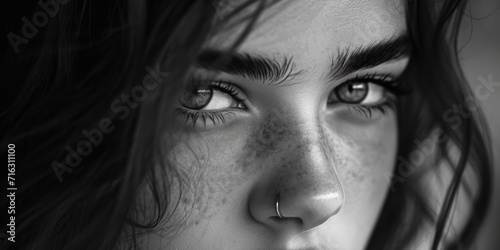 A close up view of a woman with freckles on her face. This image can be used to showcase natural beauty or promote skincare products