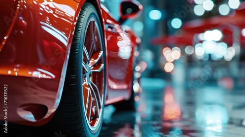 A detailed view of a red car parked on a street. Suitable for automotive themes and urban scenes