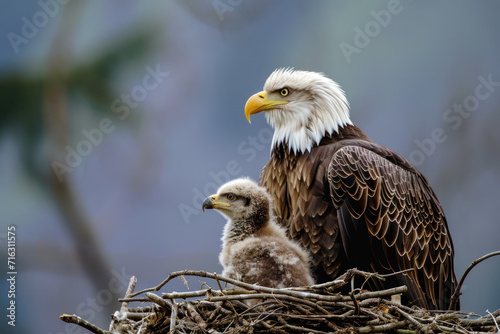 A eagle with her cub, mother love and care in wildlife scene photo