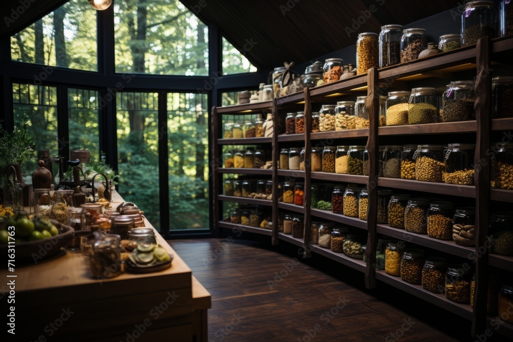 Close-up of a pantry shelf stocked with various pasta and grains, Generative AI