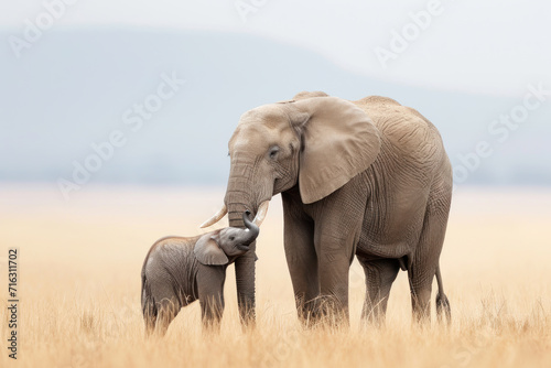An elephant with her cub, mother love and care in wildlife scene