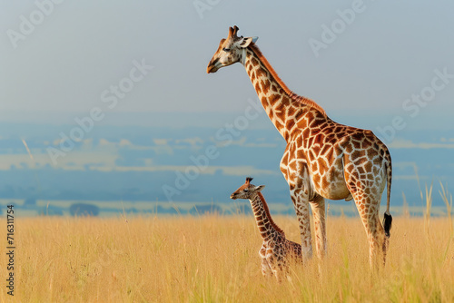 A giraffe with her cub  mother love and care in wildlife scene