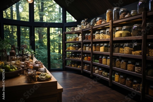 Close-up of a pantry shelf stocked with various pasta and grains, Generative AI