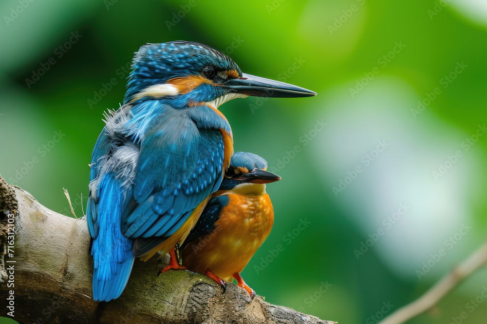 A kingfisher with her cub, mother love and care in wildlife scene