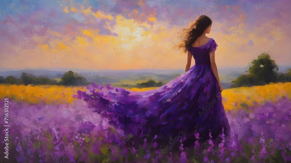 painting of woman in a lavender field painting of woman in a lavender field